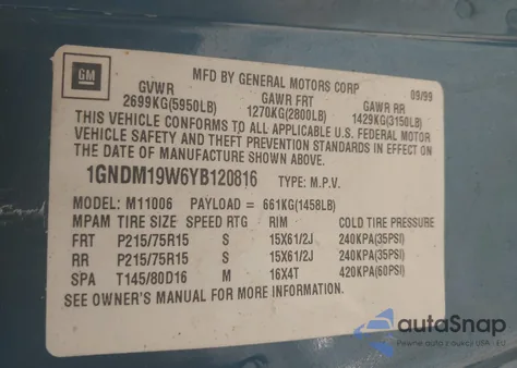 2000 Chevrolet Astro из США, поврежденный, VIN 1GNDM19W6YB120816